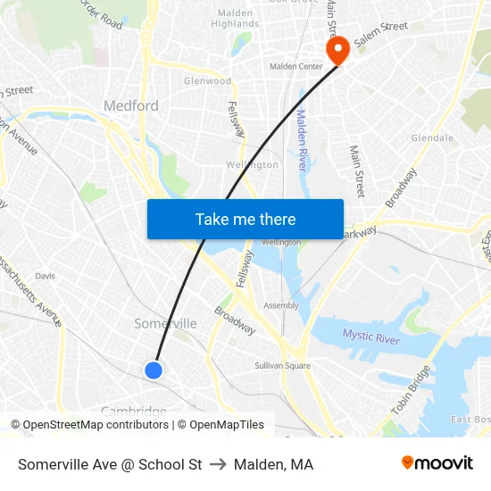 Somerville Ave @ School St to Malden, MA map