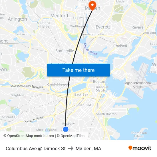 Columbus Ave @ Dimock St to Malden, MA map