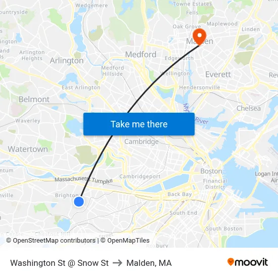 Washington St @ Snow St to Malden, MA map