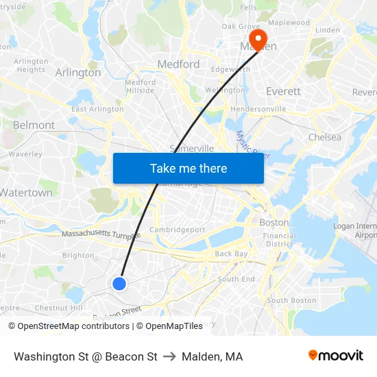 Washington St @ Beacon St to Malden, MA map