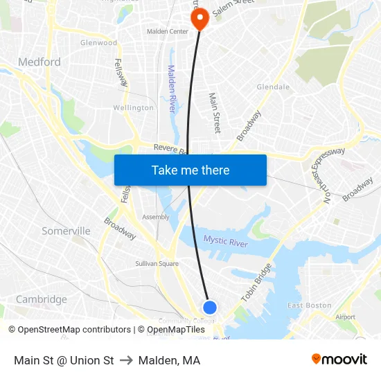 Main St @ Union St to Malden, MA map