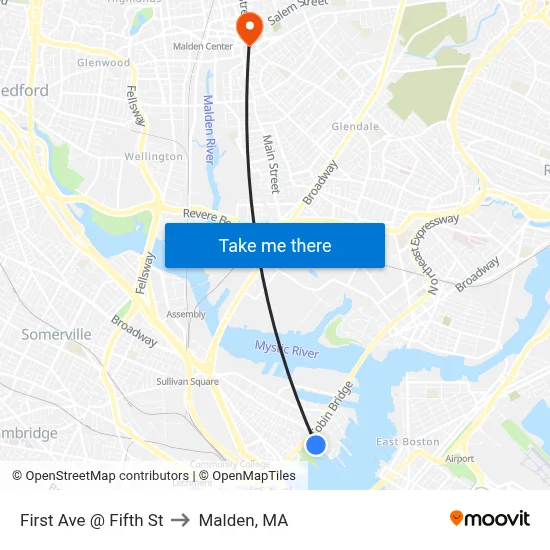 First Ave @ Fifth St to Malden, MA map
