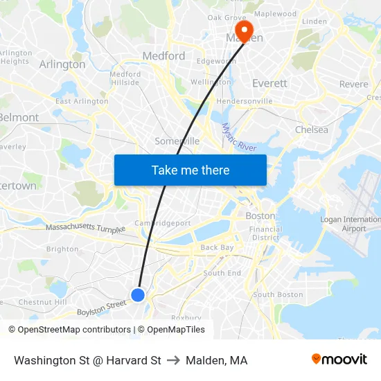 Washington St @ Harvard St to Malden, MA map