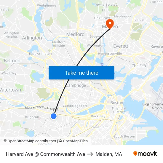 Harvard Ave @ Commonwealth Ave to Malden, MA map