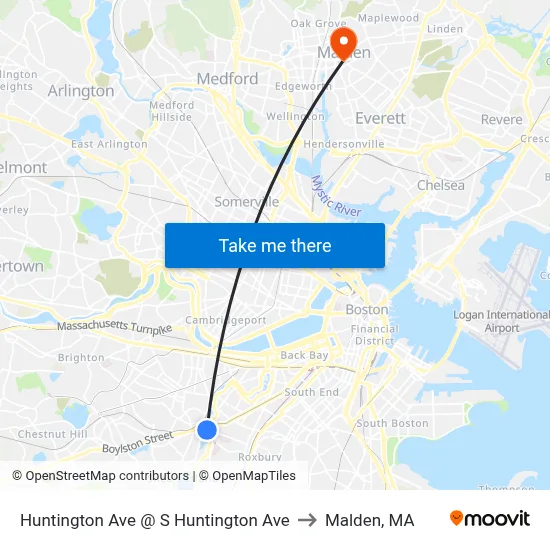 Huntington Ave @ S Huntington Ave to Malden, MA map