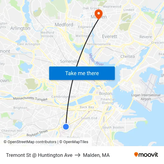 Tremont St @ Huntington Ave to Malden, MA map