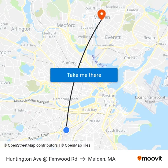 Huntington Ave @ Fenwood Rd to Malden, MA map