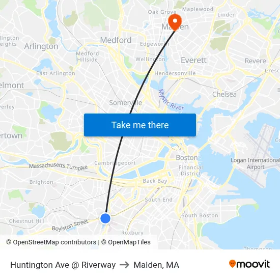Huntington Ave @ Riverway to Malden, MA map