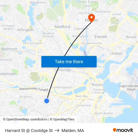 Harvard St @ Coolidge St to Malden, MA map
