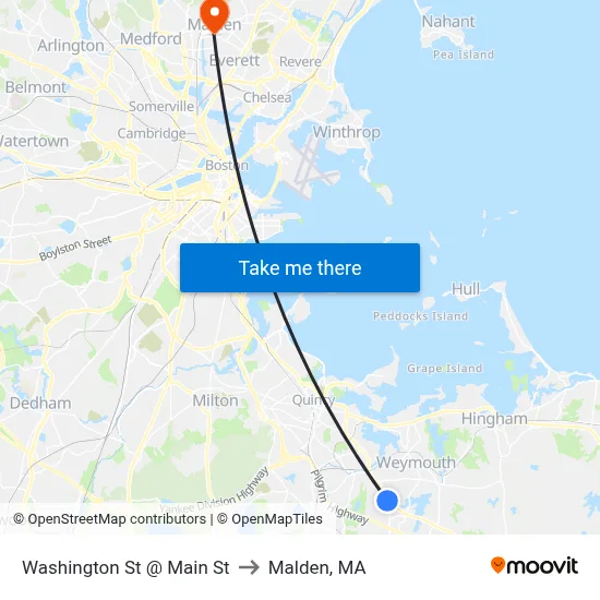 Washington St @ Main St to Malden, MA map