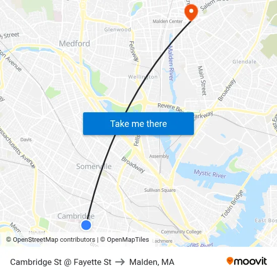 Cambridge St @ Fayette St to Malden, MA map