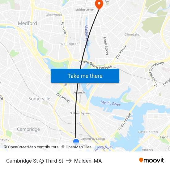 Cambridge St @ Third St to Malden, MA map