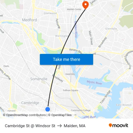 Cambridge St @ Windsor St to Malden, MA map