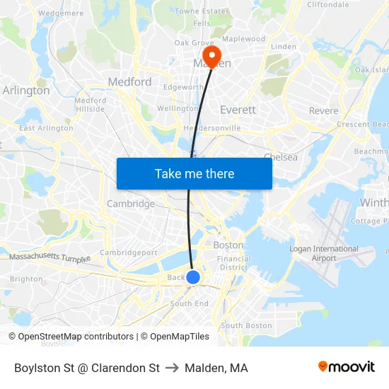 Boylston St @ Clarendon St to Malden, MA map