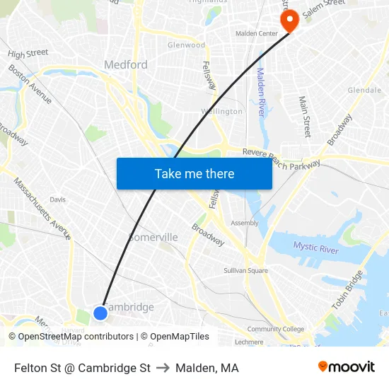 Felton St @ Cambridge St to Malden, MA map