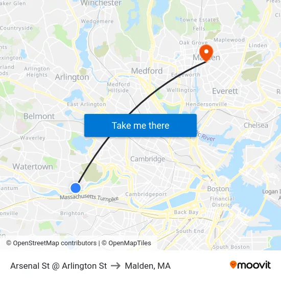 Arsenal St @ Arlington St to Malden, MA map
