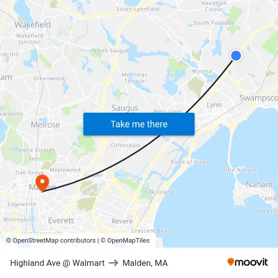Highland Ave @ Walmart to Malden, MA map
