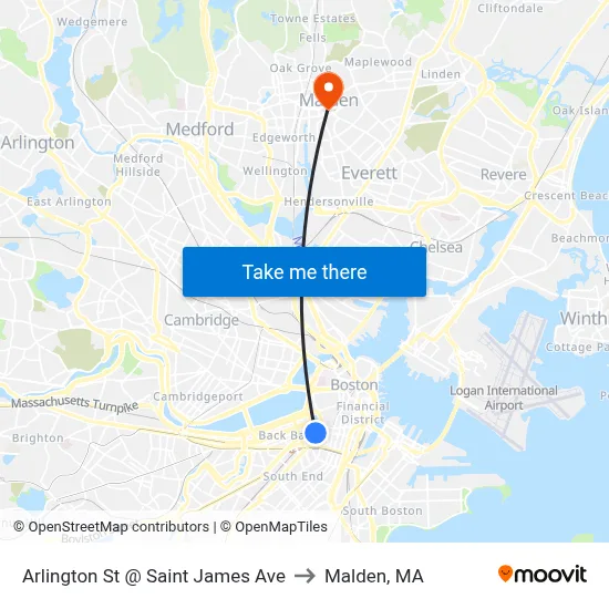 Arlington St @ Saint James Ave to Malden, MA map