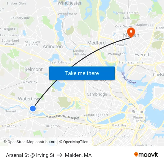 Arsenal St @ Irving St to Malden, MA map