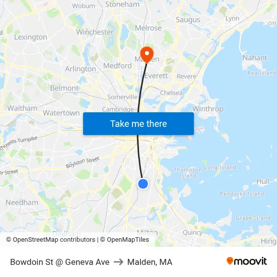 Bowdoin St @ Geneva Ave to Malden, MA map