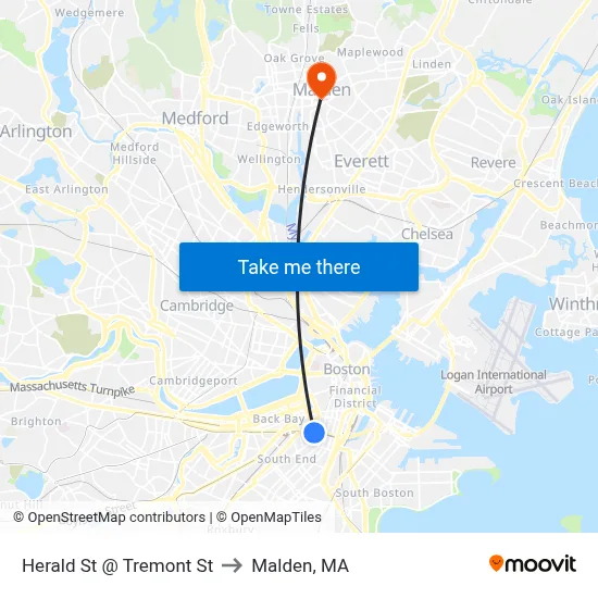 Herald St @ Tremont St to Malden, MA map