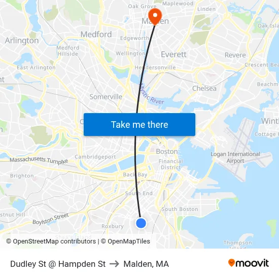 Dudley St @ Hampden St to Malden, MA map