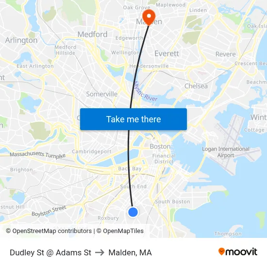Dudley St @ Adams St to Malden, MA map
