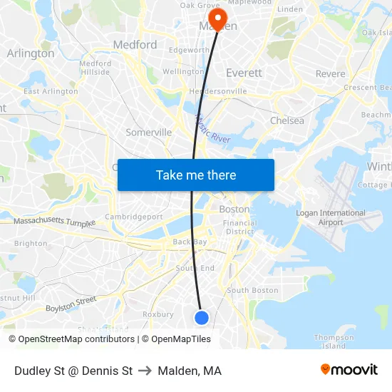 Dudley St @ Dennis St to Malden, MA map