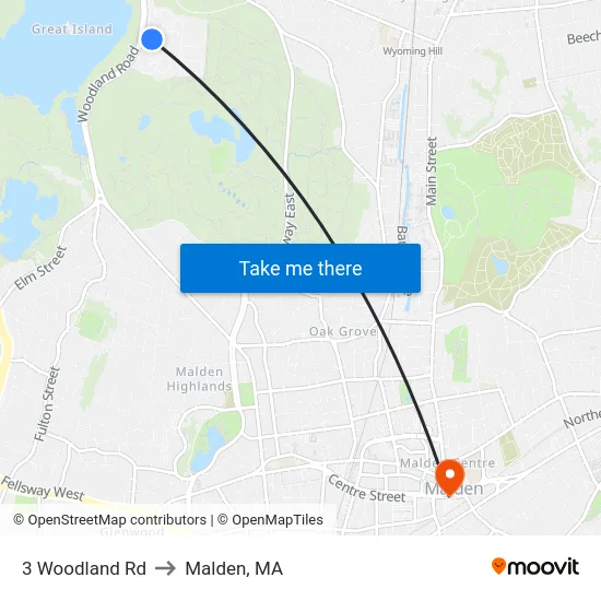 3 Woodland Rd to Malden, MA map