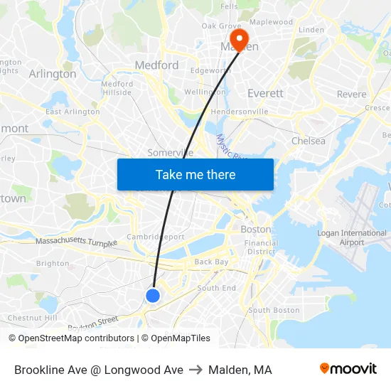 Brookline Ave @ Longwood Ave to Malden, MA map
