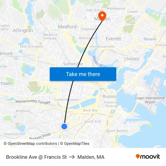 Brookline Ave @ Francis St to Malden, MA map