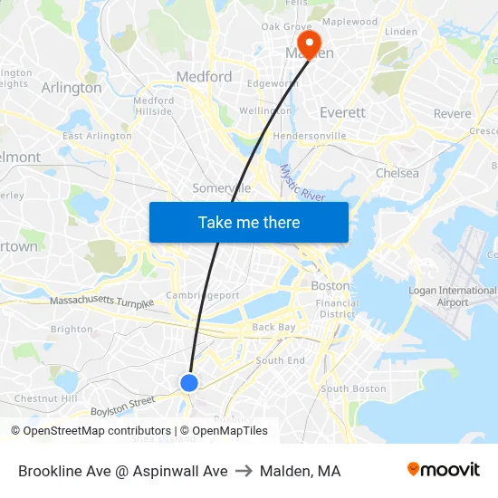 Brookline Ave @ Aspinwall Ave to Malden, MA map