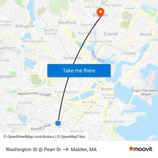 Washington St @ Pearl St to Malden, MA map