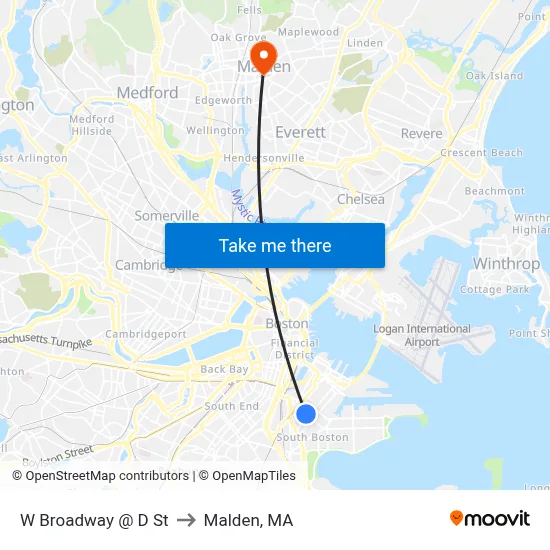 W Broadway @ D St to Malden, MA map