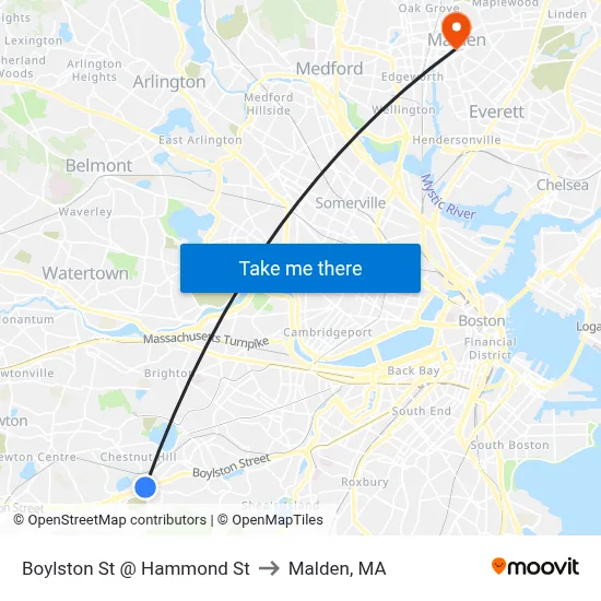 Boylston St @ Hammond St to Malden, MA map