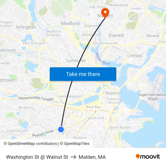 Washington St @ Walnut St to Malden, MA map