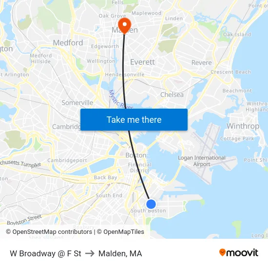 W Broadway @ F St to Malden, MA map