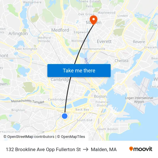 132 Brookline Ave Opp Fullerton St to Malden, MA map