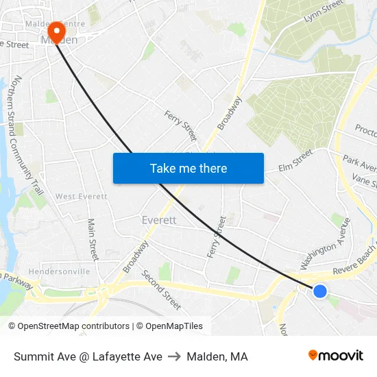 Summit Ave @ Lafayette Ave to Malden, MA map