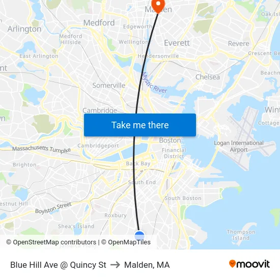 Blue Hill Ave @ Quincy St to Malden, MA map