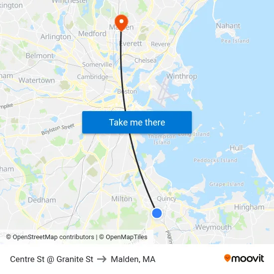 Centre St @ Granite St to Malden, MA map