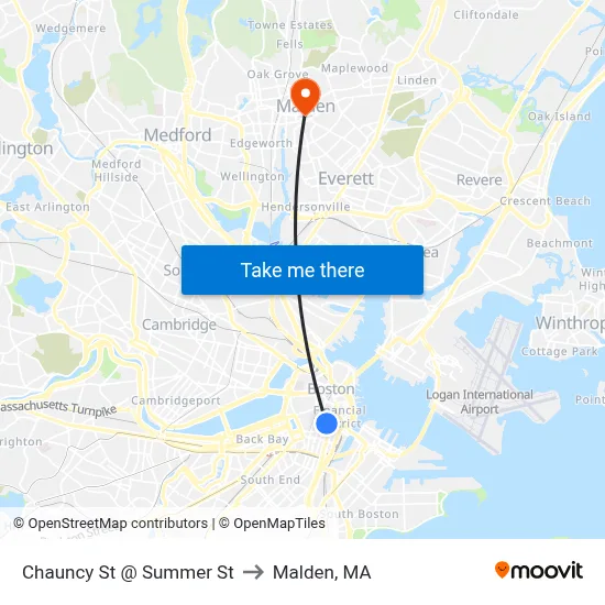 Chauncy St @ Summer St to Malden, MA map