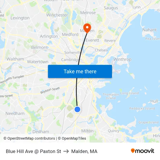 Blue Hill Ave @ Paxton St to Malden, MA map