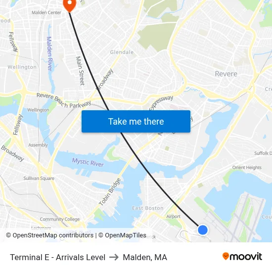 Terminal E - Arrivals Level to Malden, MA map