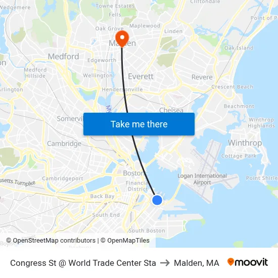 Congress St @ World Trade Center Sta to Malden, MA map