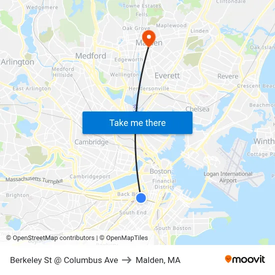 Berkeley St @ Columbus Ave to Malden, MA map