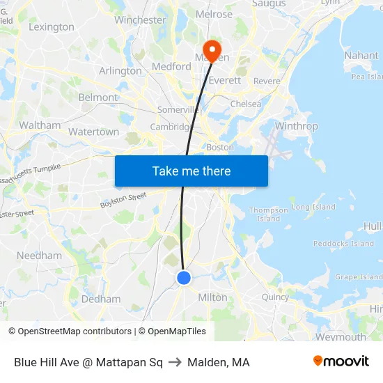 Blue Hill Ave @ Mattapan Sq to Malden, MA map