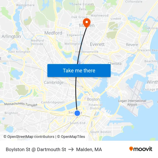 Boylston St @ Dartmouth St to Malden, MA map