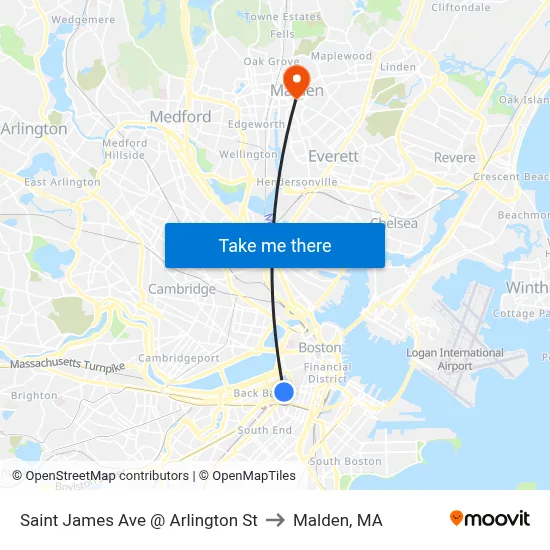 Saint James Ave @ Arlington St to Malden, MA map