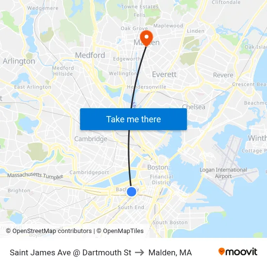 Saint James Ave @ Dartmouth St to Malden, MA map